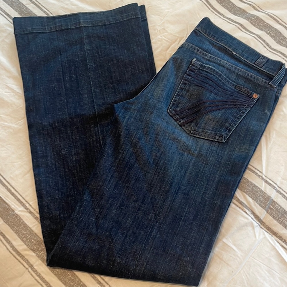 7 For All Mankind Dojo Flare, Blue 7 Pocket, USA Made, 30x34, Mint, $229 MSRP